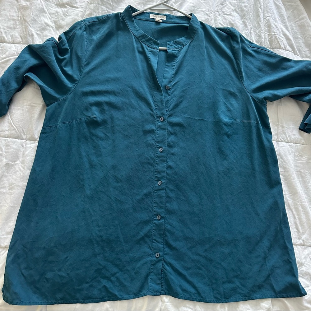 Eileen Fisher Blue Button Down Shirt with Notched Collar - Picture 10 of 13